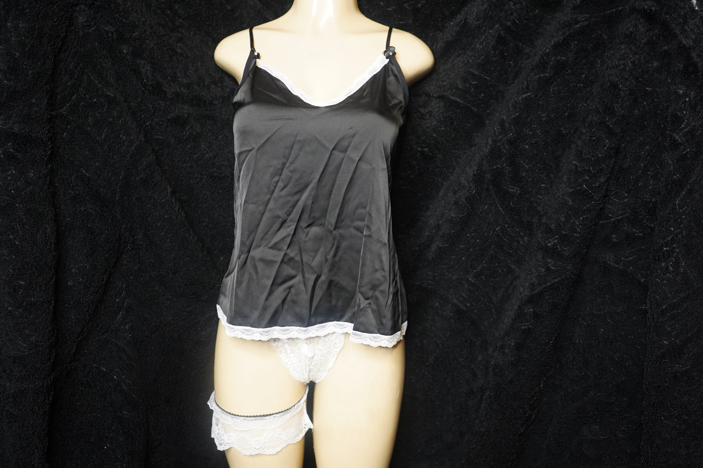 Satin feel top with thong & garter belt