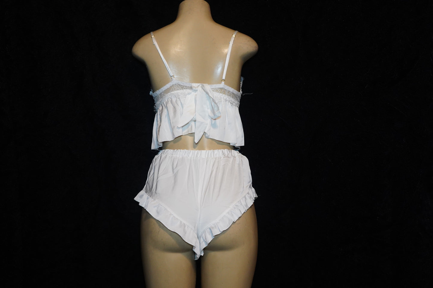 Satin feel & lace top & shorts with ruffles