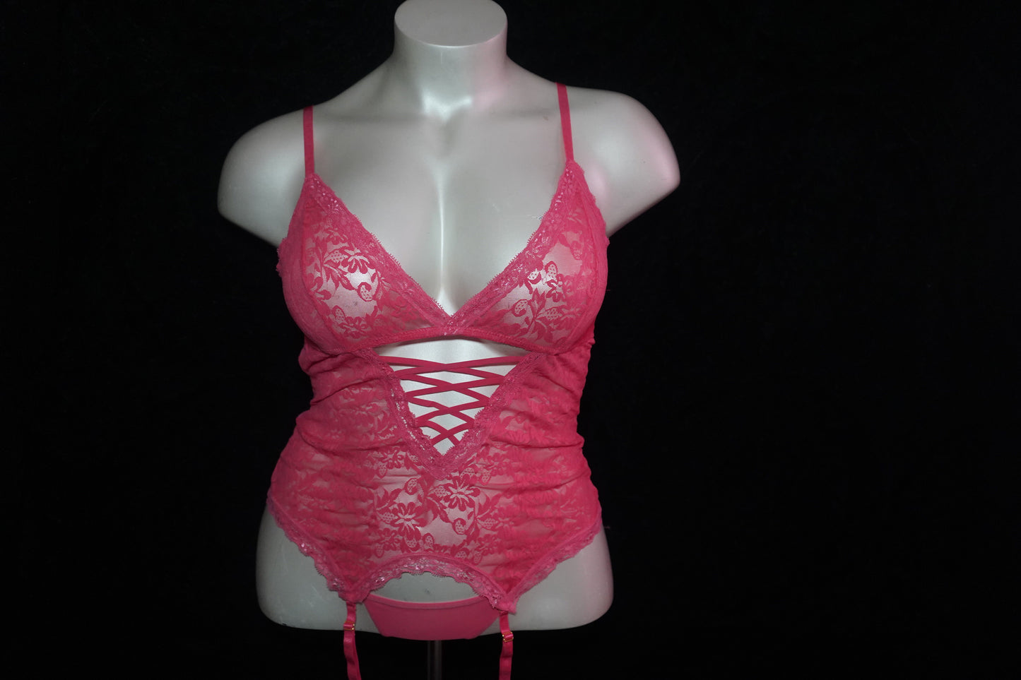 lace mesh teddy w garter, soft hand cuff and g-string