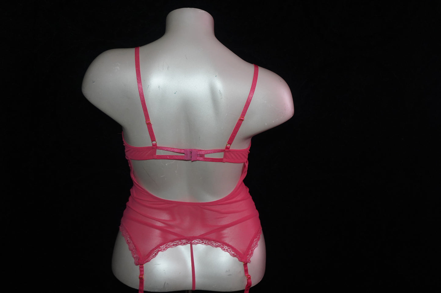 lace mesh teddy w garter, soft hand cuff and g-string