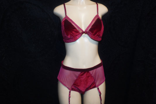 velvet & mesh panties with garter & bra