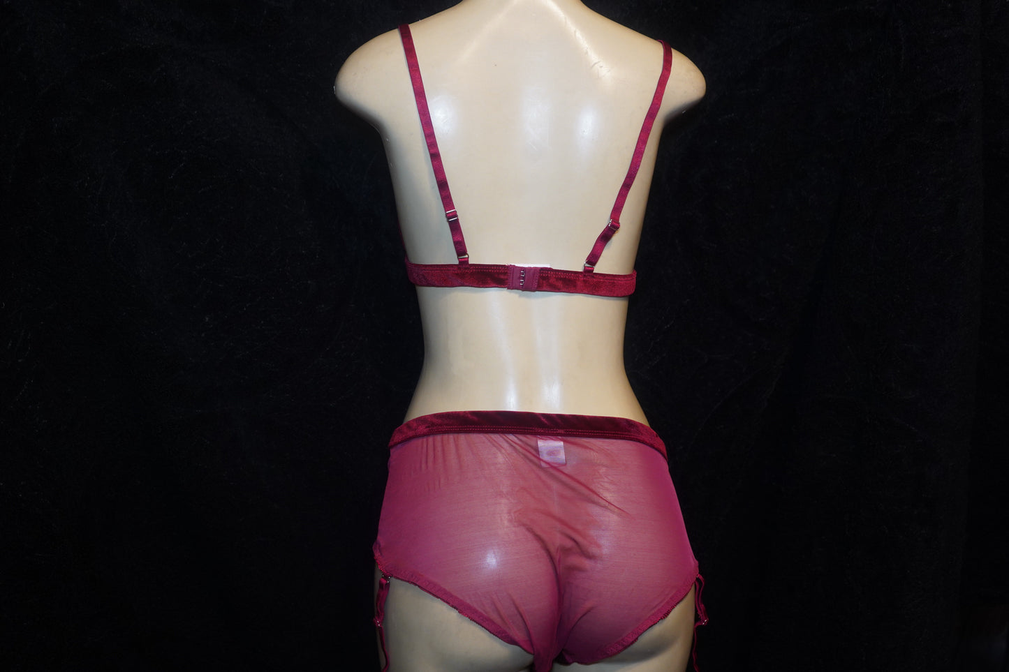 velvet & mesh panties with garter & bra