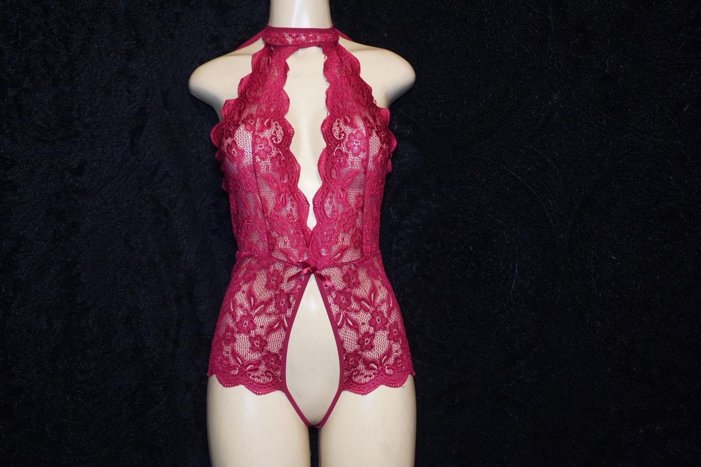 Crotchless lace teddy halter