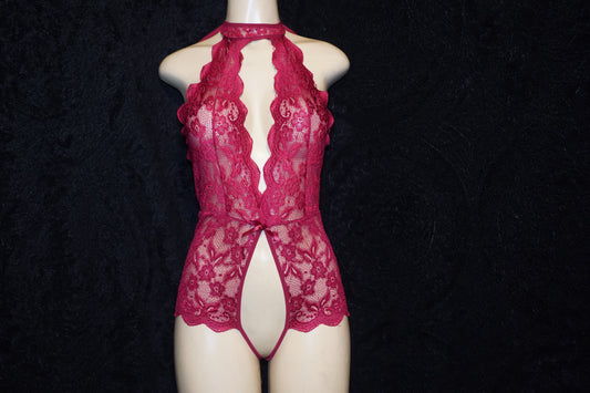 Crotchless lace teddy halter