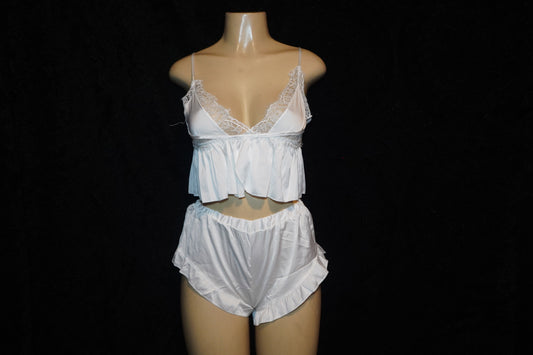 Satin feel & lace top & shorts with ruffles