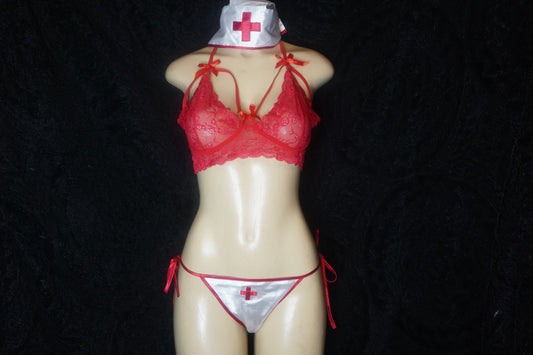 lace bra, nurse Thong & Hat