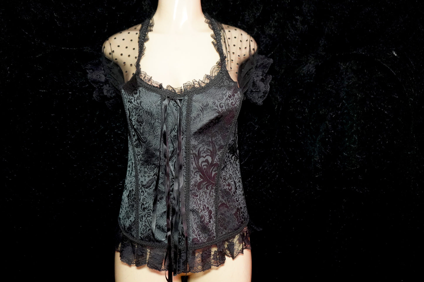 paisley lace corset with sleeves and thong